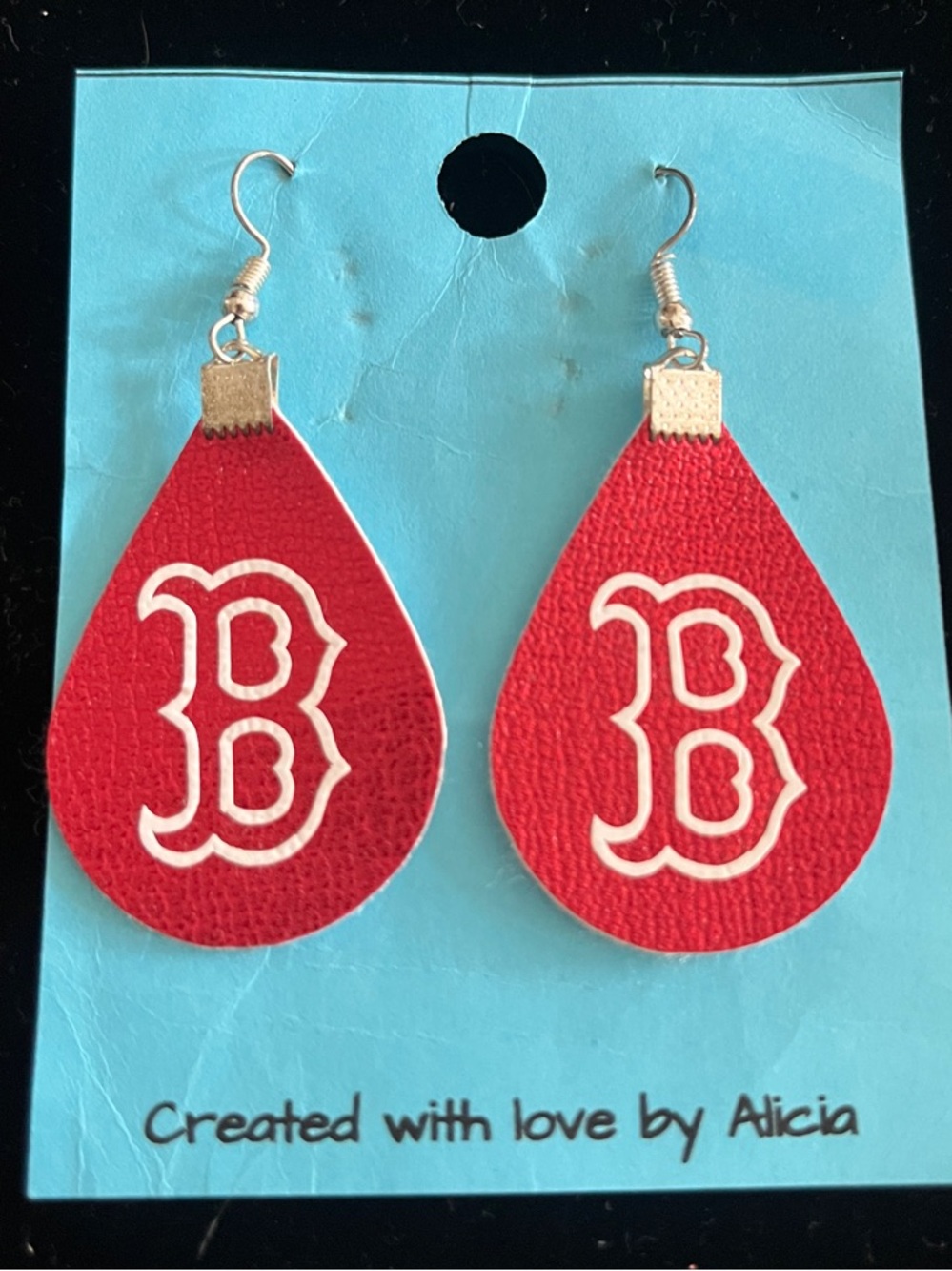 Hand crafted leather drop earrings-Boston Red Sox